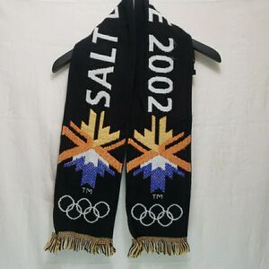 VTG Salt Lake 2002 Olympics Scarf Winter Games Black Knit Fringe Rare Souvenir